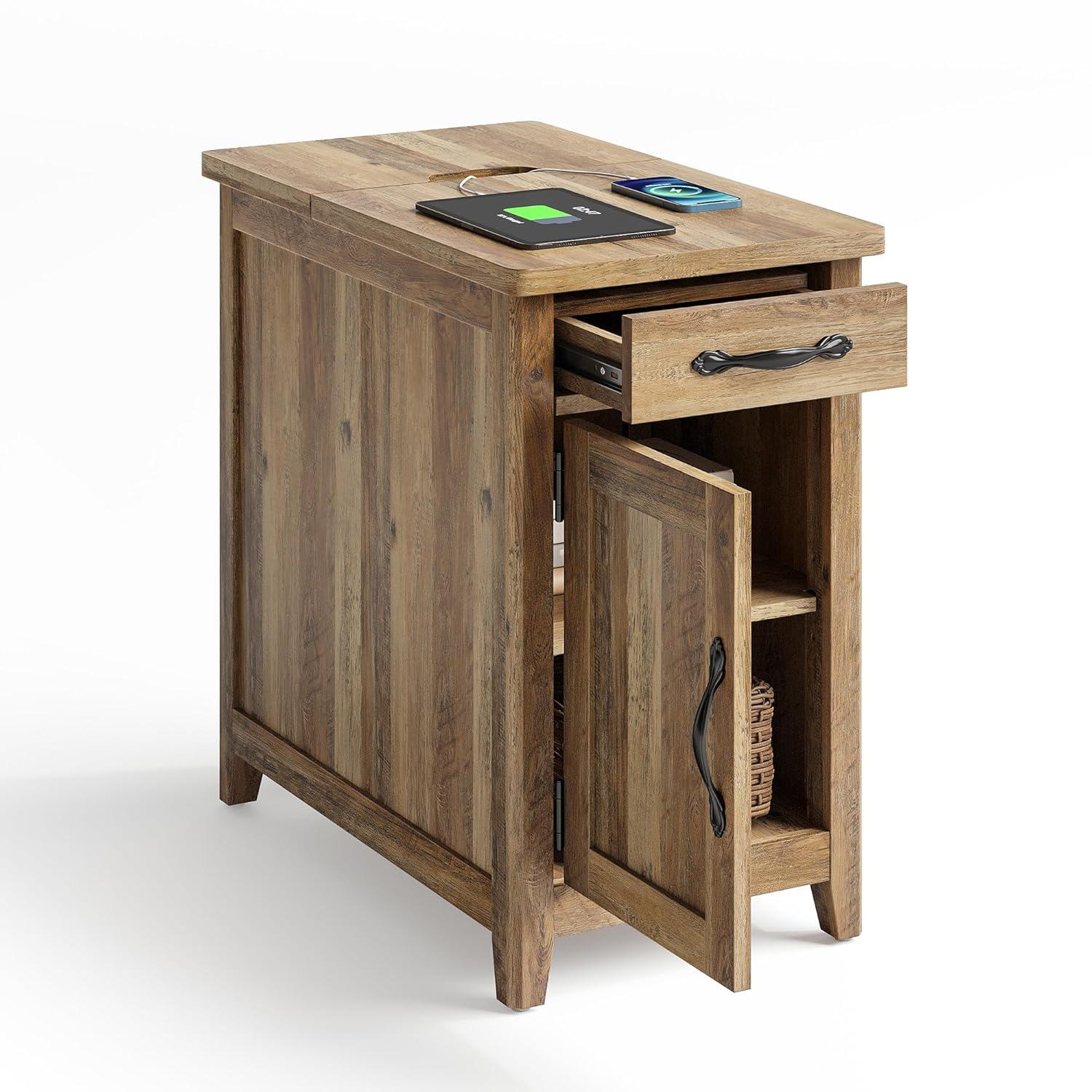 LINSY HOME End Table with Charging Station, Side Table for Bedroom with Drawer and Detachable Holder, Multiple Storage Space, Extra Storage & Display Space, Small Nightstand for Living Room,brown