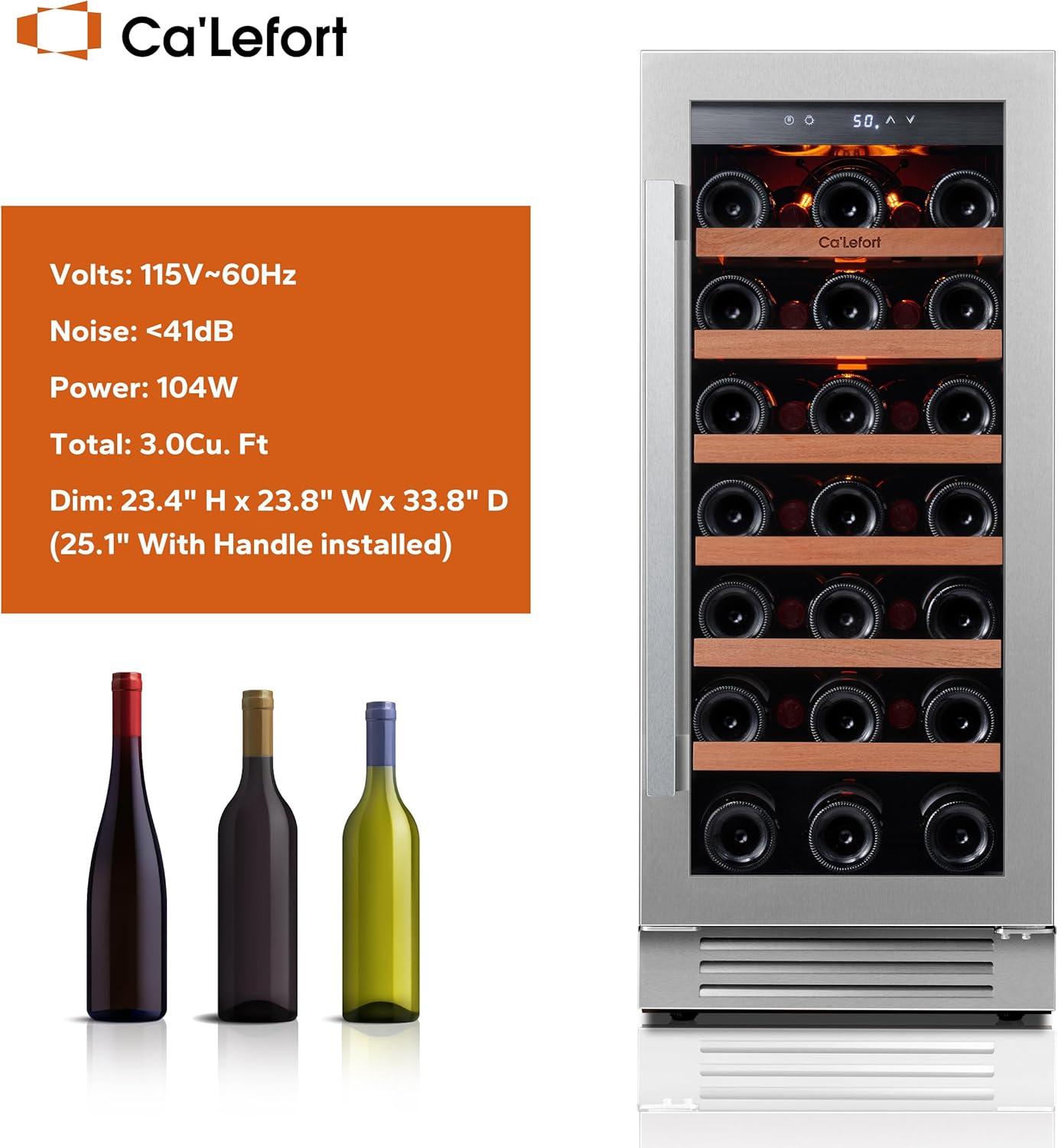 Ca'Lefort 15inch Wine Cooler Refrigerator,33 Bottle Wine Fridge Single Zone with Stainless Steel Reversible Tempered Glass Door