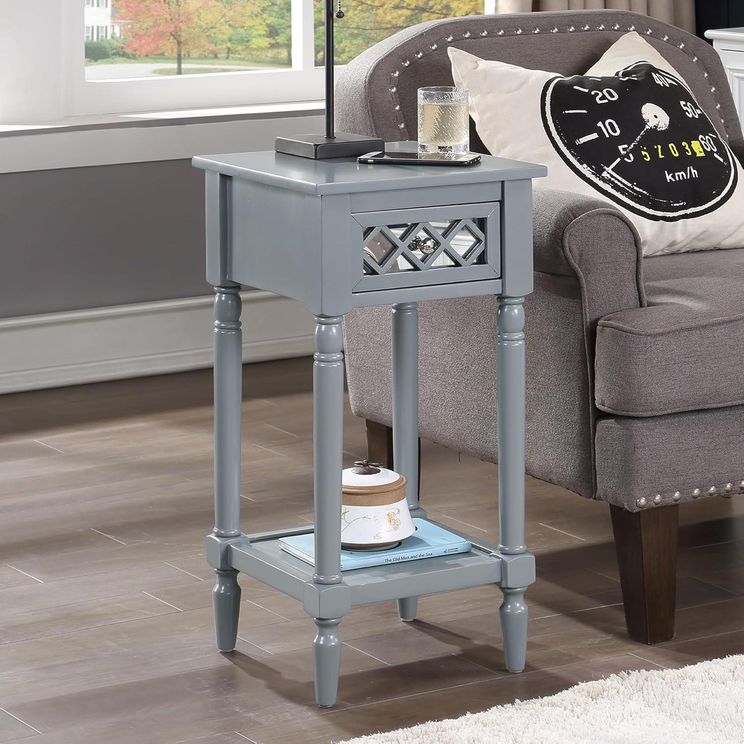 French Country Khloe Deluxe Gray Square Accent Table with Mirrored Drawer