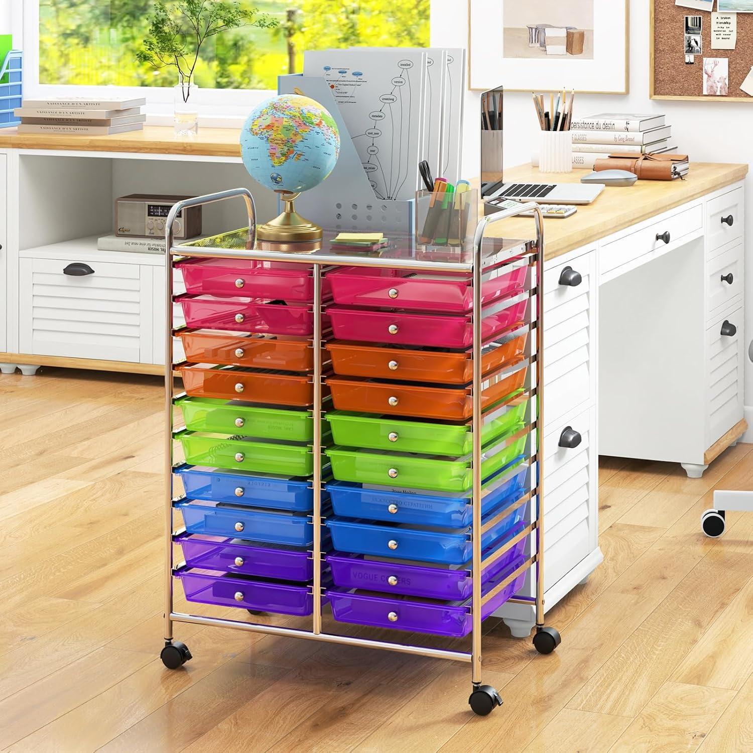 20-Drawer Organizer Cart Tools, Mobile Utility Storage Cart with Detachable Drawers & Lockable Wheels, Rolling Storage Cart with wheels for Home Office School(Multicolor)