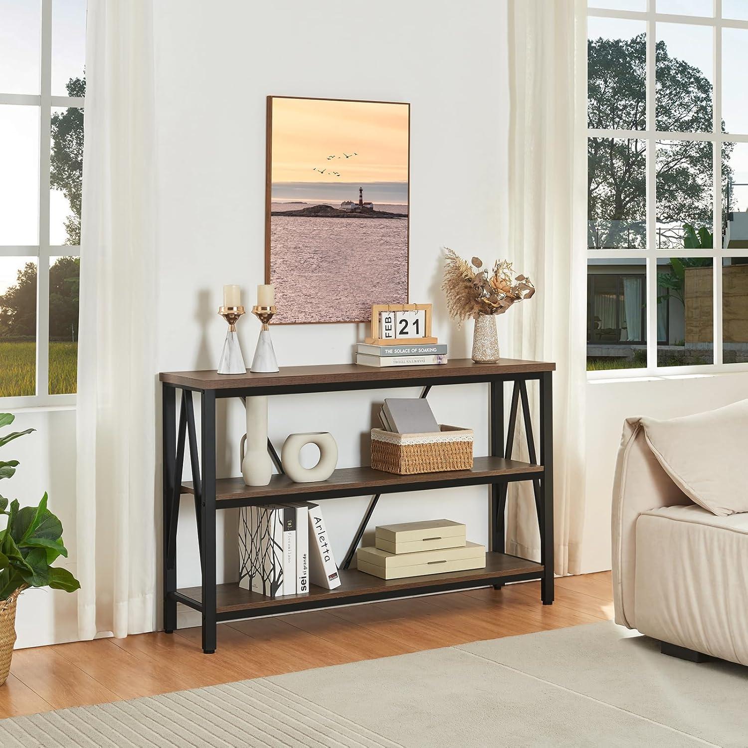 Rustic Brown Wood and Metal 3-Tier Console Table with Storage