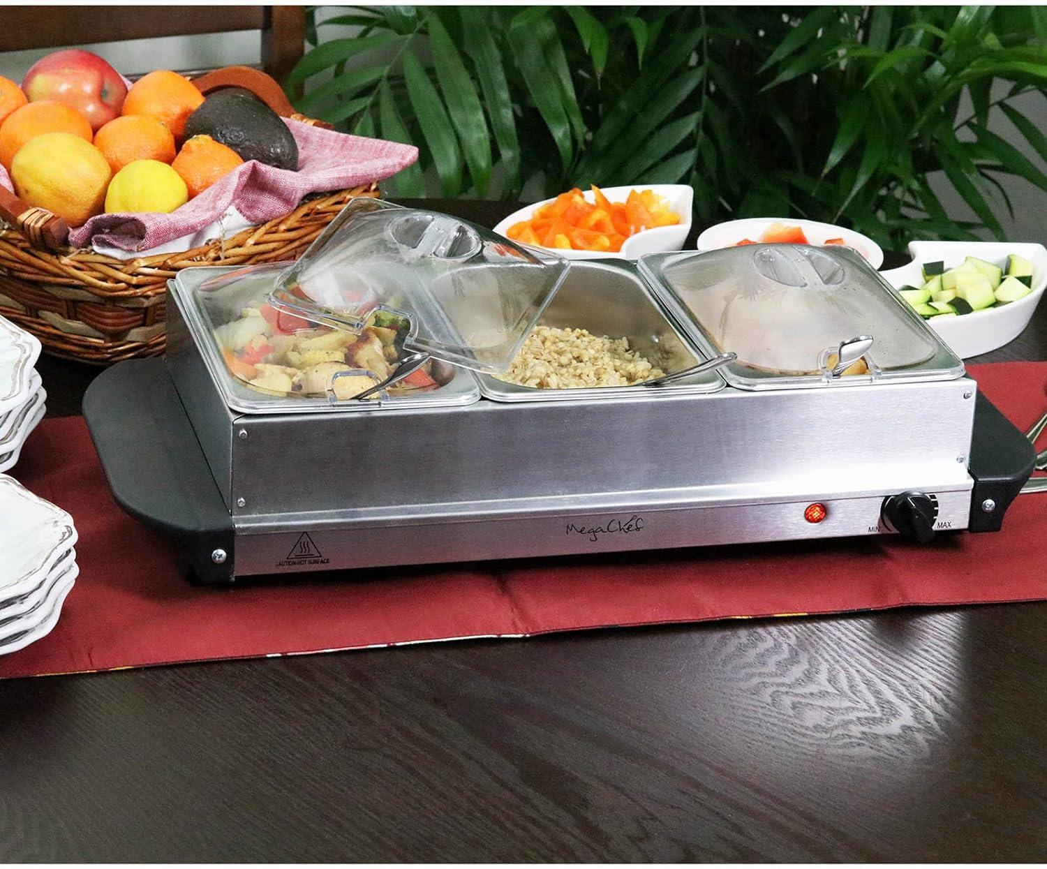 MegaChef Buffet Server & Food Warmer With 3 Sectional Trays: Stainless Steel Chafing Dish, 4.5L Capacity, Temperature Control