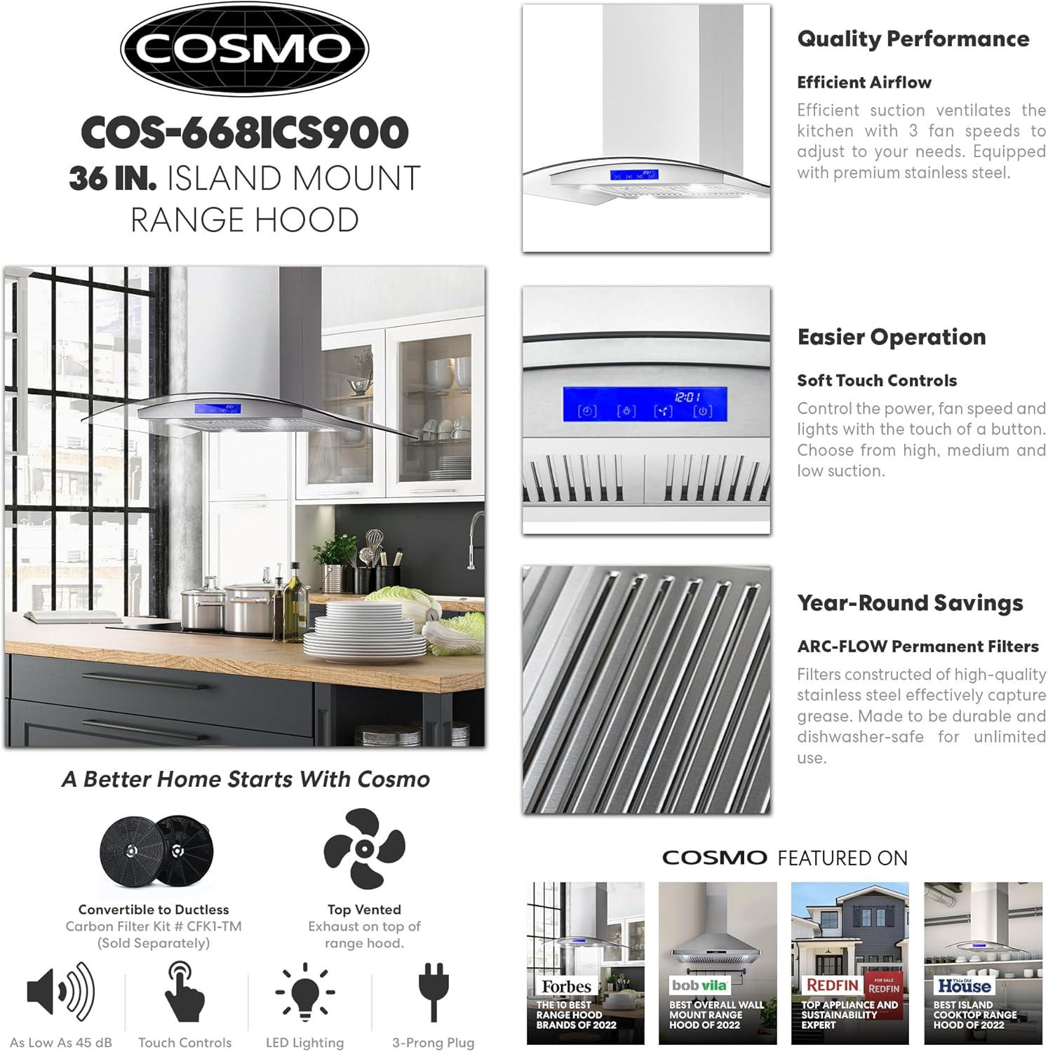 Cosmo COS-668ICS900 36 Inch Island Range Hood w/ Touch Controls, Stainless Steel