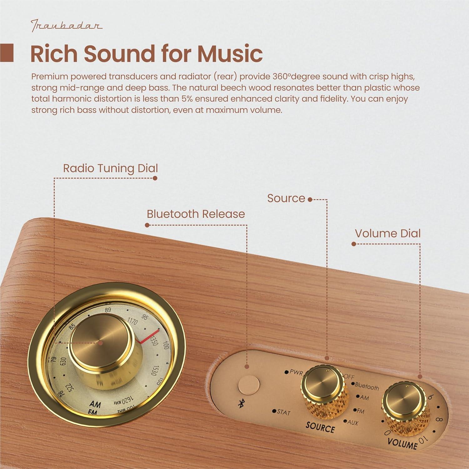 Retro Bluetooth Speaker Wood Vintage Bluetooth Speaker Small Wireless Old Fashion Style, AM/FM Tunning Dial,Electronics for Home, Perfect for Cafe,Restaurant,Vintage Store, Bedroom(Retro Wood)