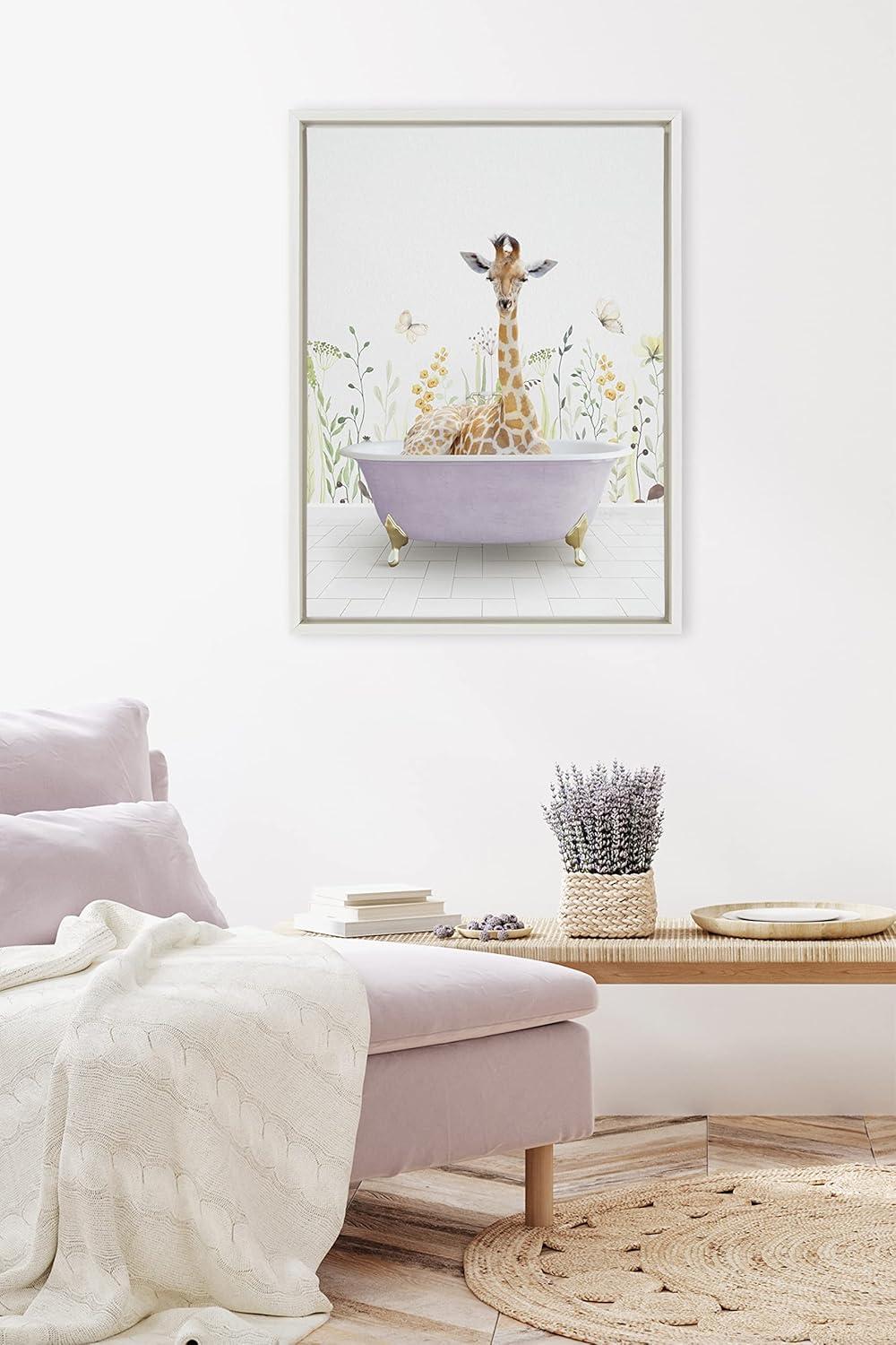 Kate and Laurel Sylvie Giraffe In Spring Bath Framed Canvas by Amy Peterson Art Studio, 18x24, White