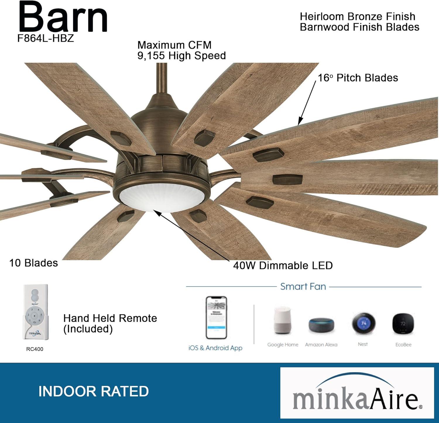 65" Barn 10 - Blade LED Smart Standard Ceiling Fan with Remote Control and Light Kit Included