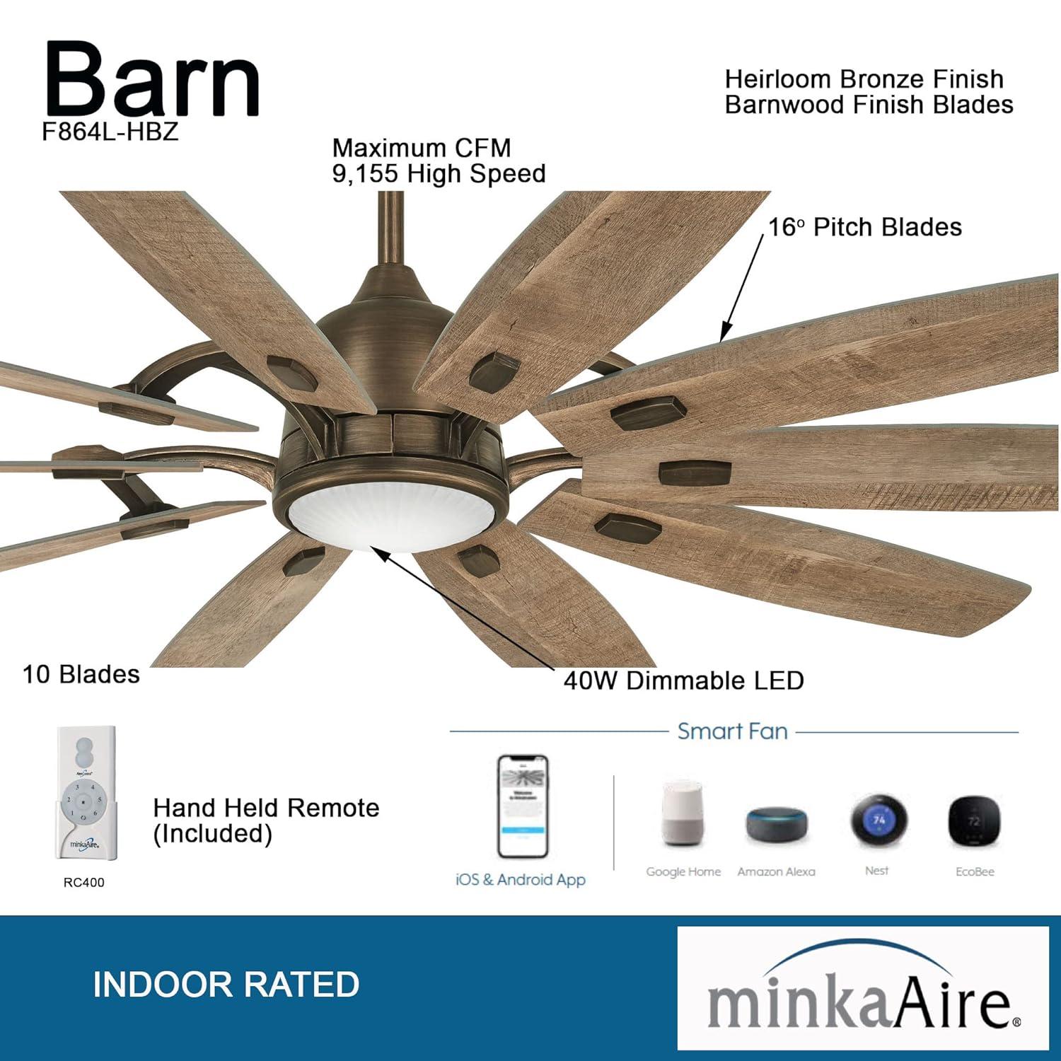 65" Barn 10 - Blade LED Smart Standard Ceiling Fan with Remote Control and Light Kit Included