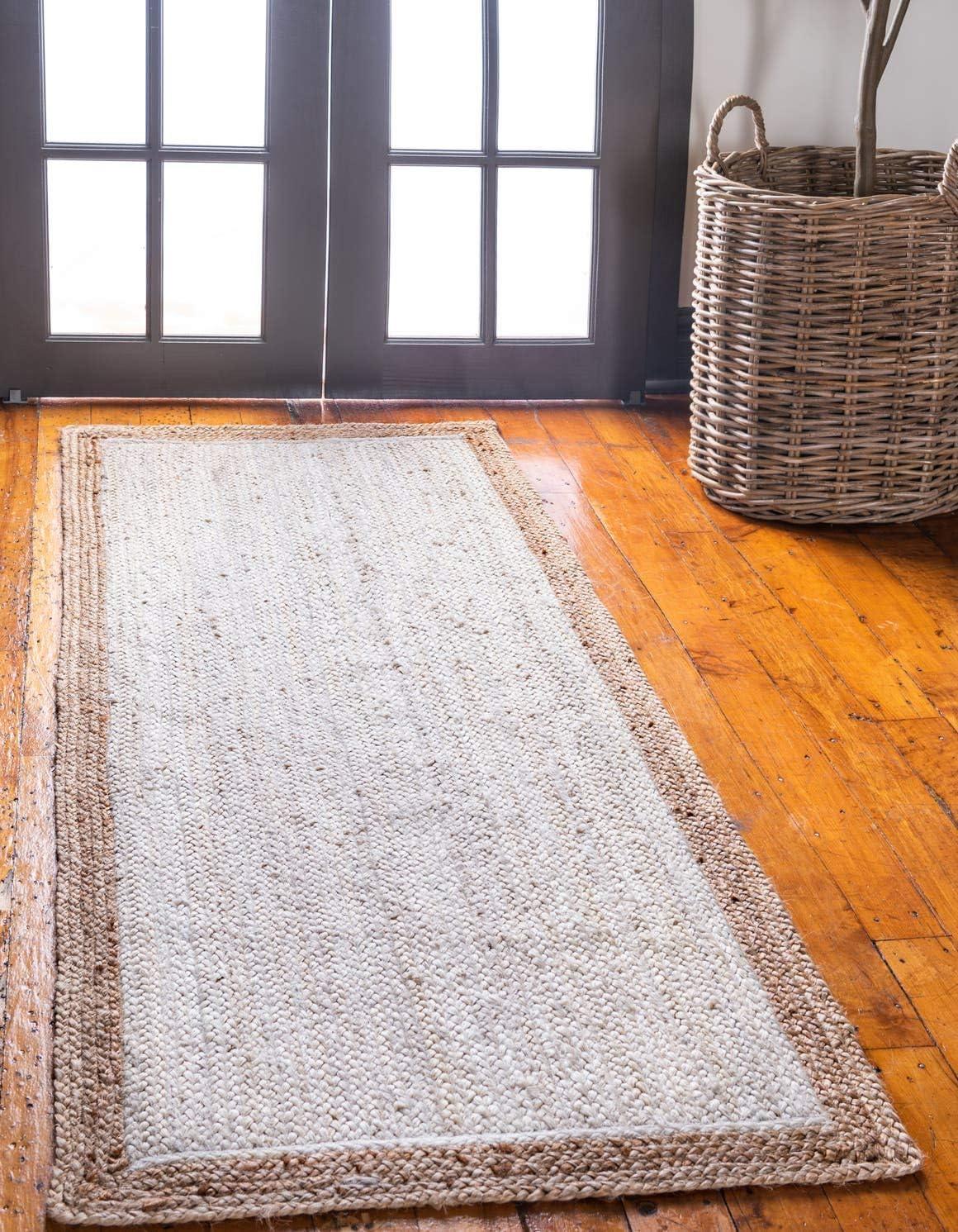 Unique Loom Goa Braided Jute Rug White/Natural 2' 7" x 6' 1" Runner Braided Border Coastal Perfect For Bathroom Hallway Mud Room Laundry Room