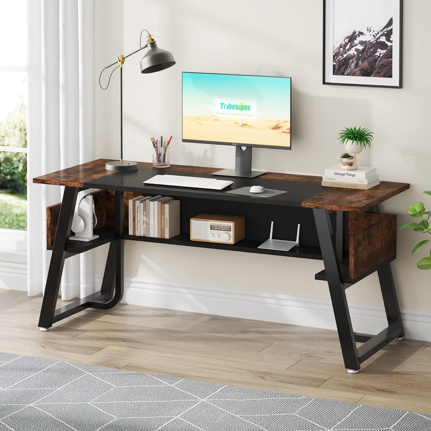 63" Black and Brown Wood Modern Office Desk with Storage Shelf