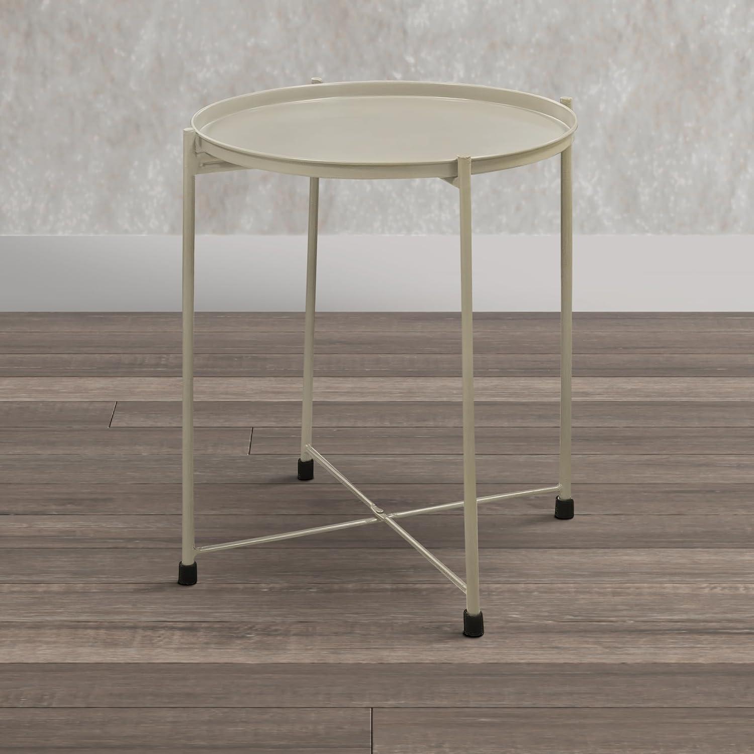 18 in. Modern Round Metal Tray Top Foldable Legs Side End Table, Beige