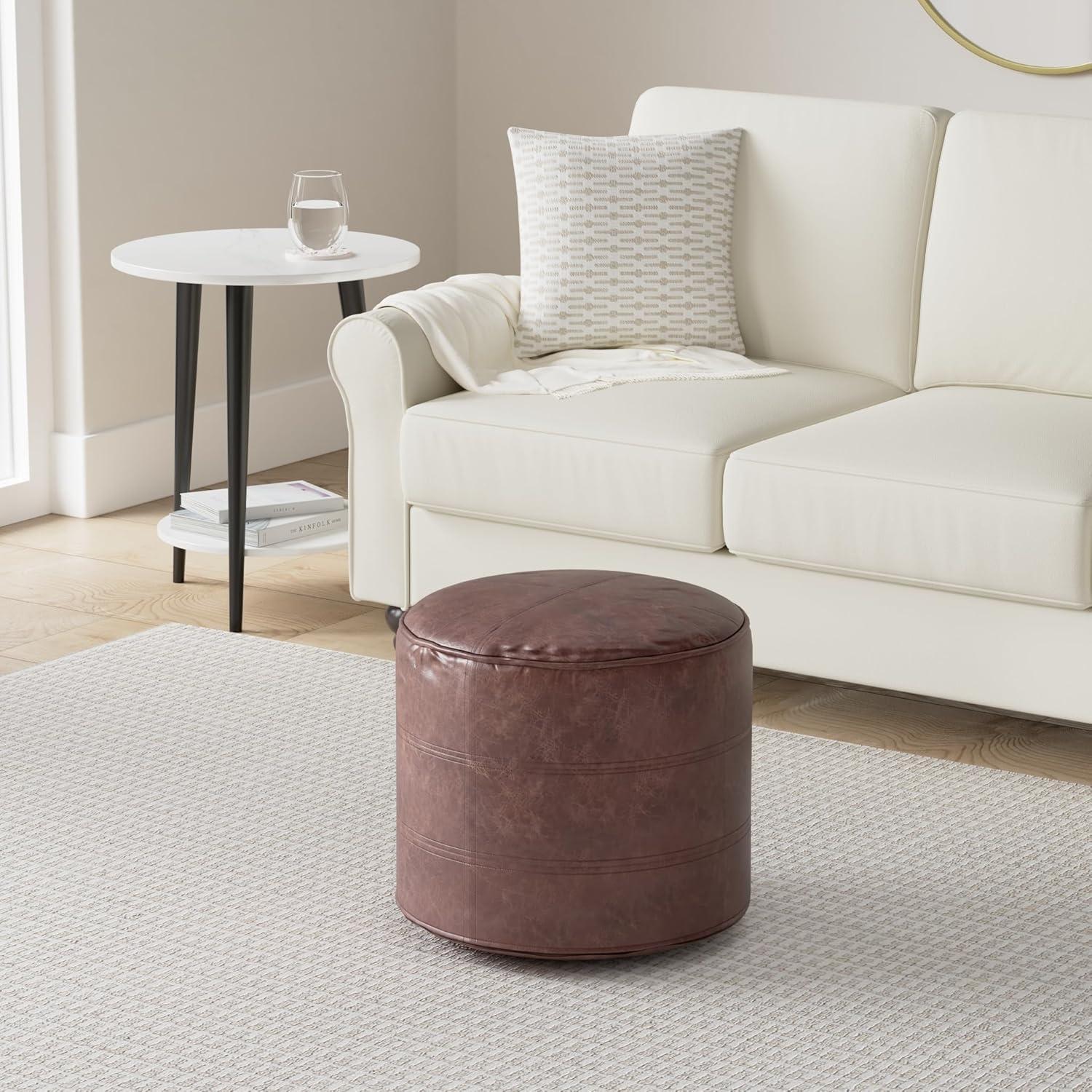 Connor Boho Round Pouf in Distressed Brown Genuine Leather