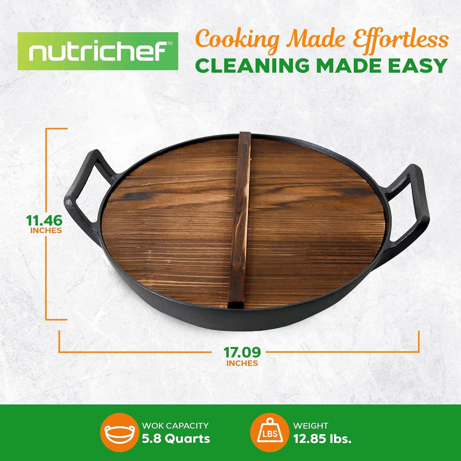 Open Box NutriChef Cooking Wok Cast Iron Stir Fry Pan with Wooden Lid, Black