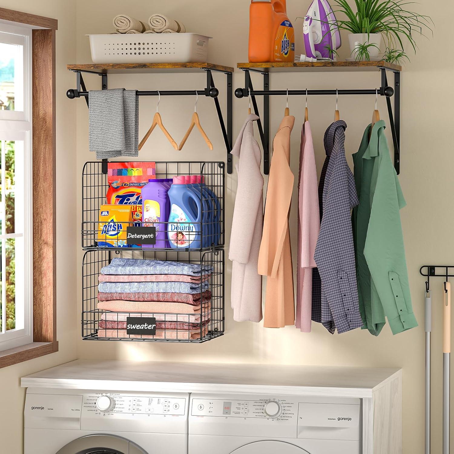 Black Wood and Metal Wall-Mounted Laundry Shelves with Wire Baskets