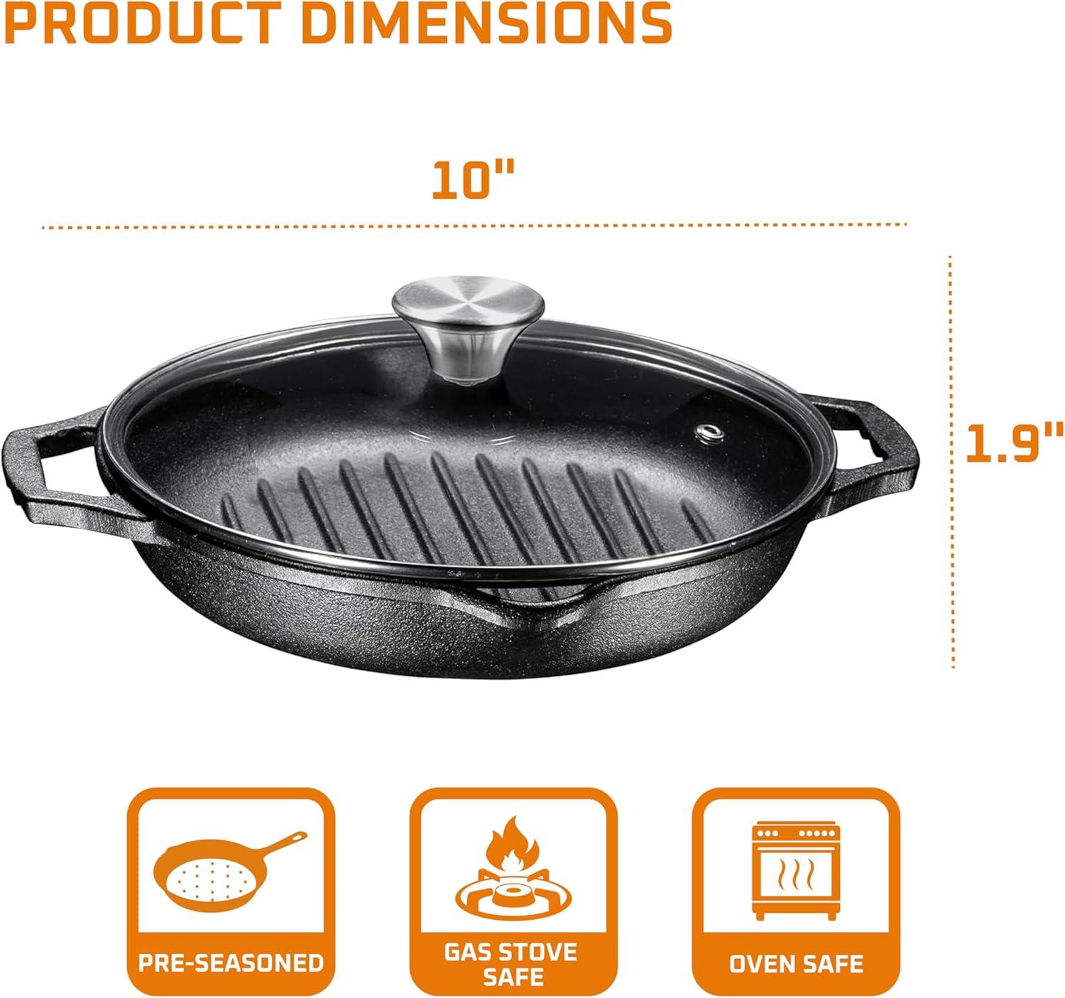 Bruntmor Enameled Cast Iron Skillet with Glass Lid | 10 Inch Deep Round Grill Pan and Frying Pan with Double Loop Handles | Black | Flat Cast Iron Skillet