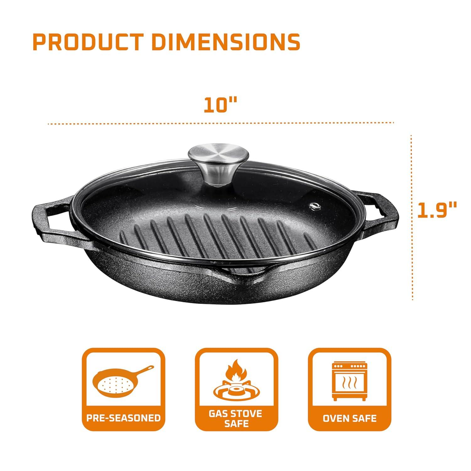 Bruntmor Enameled Cast Iron Skillet with Glass Lid | 10 Inch Deep Round Grill Pan and Frying Pan with Double Loop Handles | Black | Flat Cast Iron Skillet