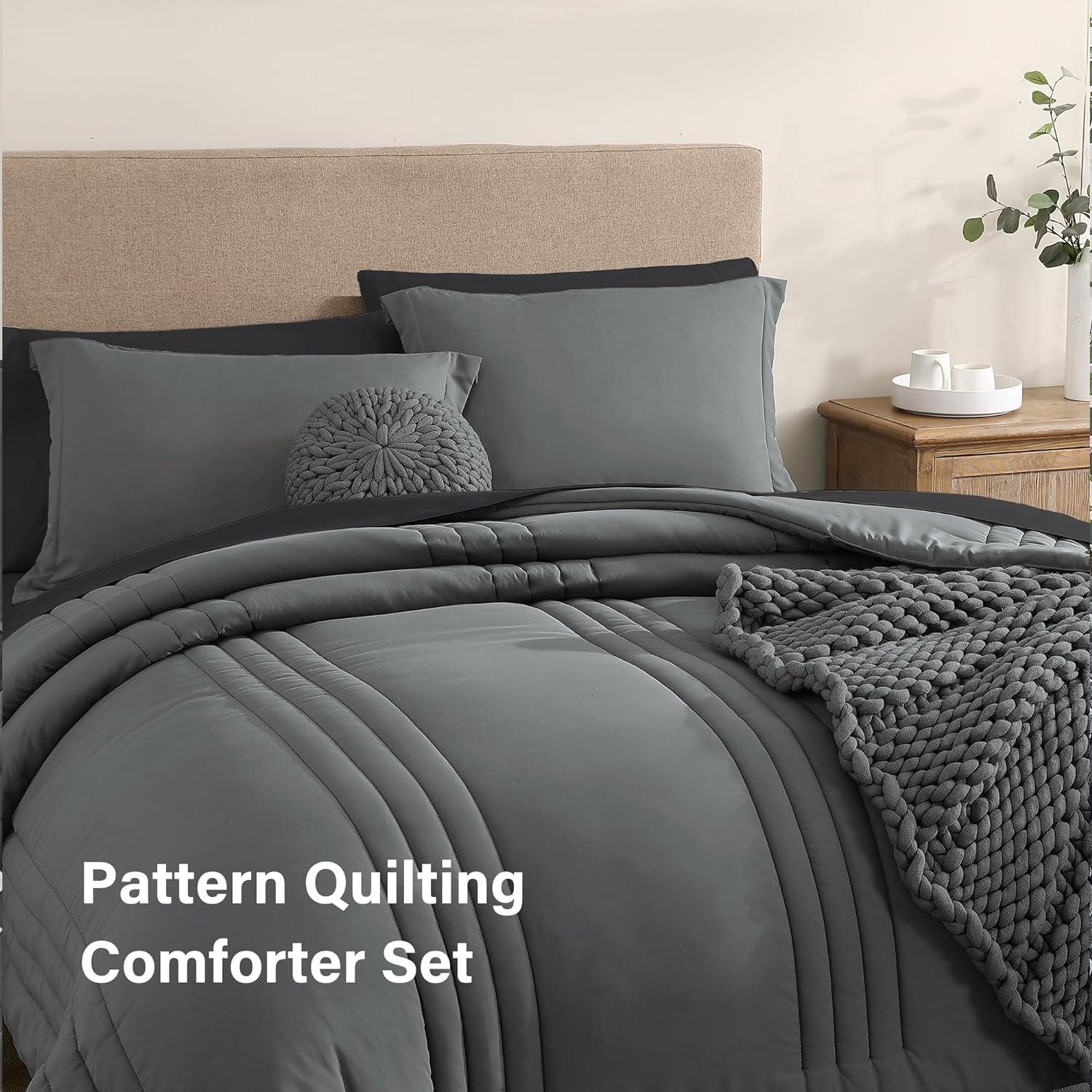 Monbix Queen Comforter Set - 7 Pieces Grey Bed in a Bag Queen Bedding Sets with Comforters, All Seasons Down Alternative Comforter Bed Set with Sheets,Pillowcases & Shams