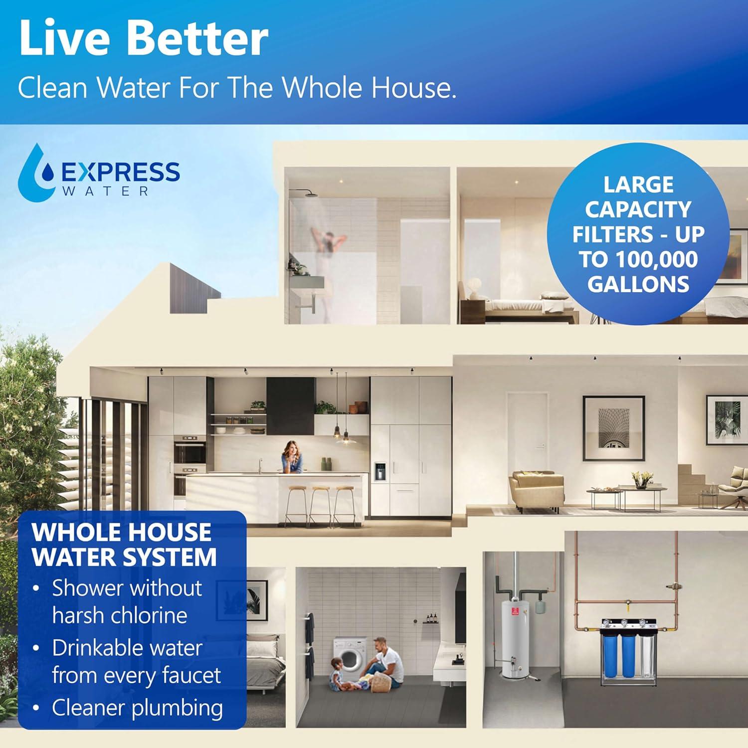 Express Water Whole House Water Filter, 3 Stage Water Filtration, Sediment, Polyphosphate Anti-Scale, Carbon Filters Includes Pressure Gauges, Easy Release, and 1 Inch Connections, 23.5" x 8.5" x 30"