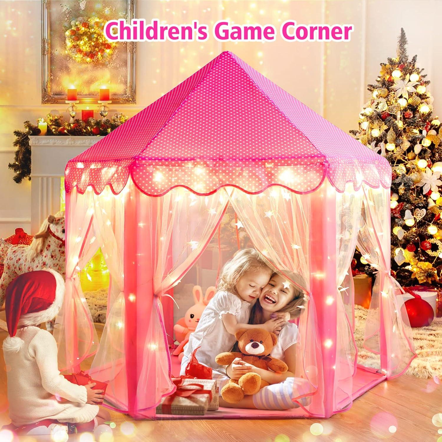 Princess Playhouse Play Tent with LED Lights, Large Collapsible Indoor / Outdoor Kids Teepee with Carrying Bag