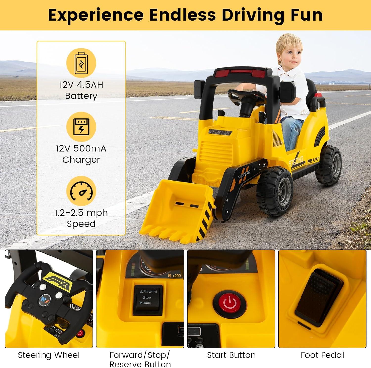 CIPACHO 12V Kids Ride On Construction Tractor with Electric Adjustable Bucket, 4WD Ride on Toys for Kids 3-8, Yellow