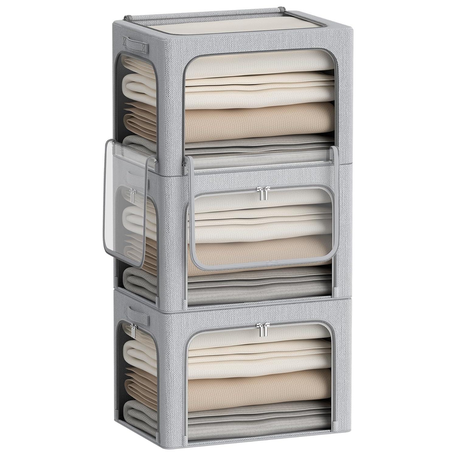 3 Openings Clothes Storage Bins With Metal Frame, Foldable Storage Bin For Clothes, Clothing Storage Bins With Lid, Linen Storage Box With Clear Window& Zippers& Durable Handles.(3 Pcs,Light Grey,40L)