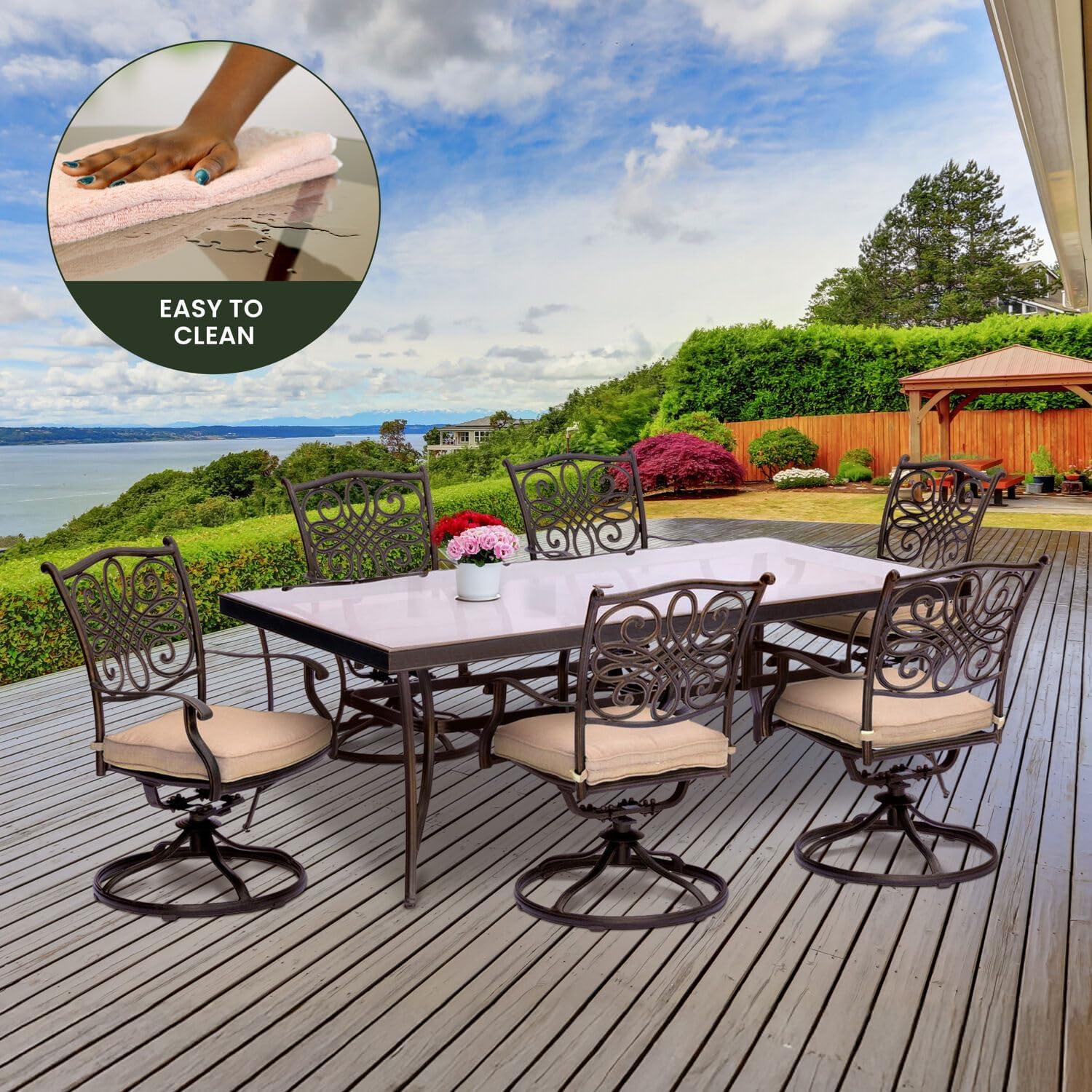 Hanover Traditions 7-Piece Dining Set in Blue with Extra Large Glass-Top Dining Table