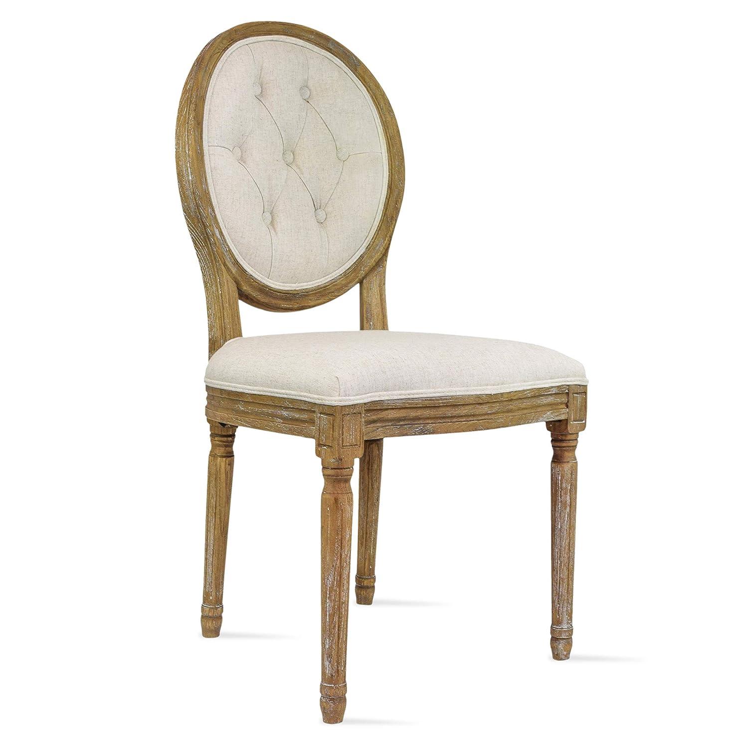 2xhome - French Chic Vintage Style Dining Side Chair With Upholstered Linen Welted Fabric And Elegant Natural Rustic Wood Frame - Tufted Button Oval Back