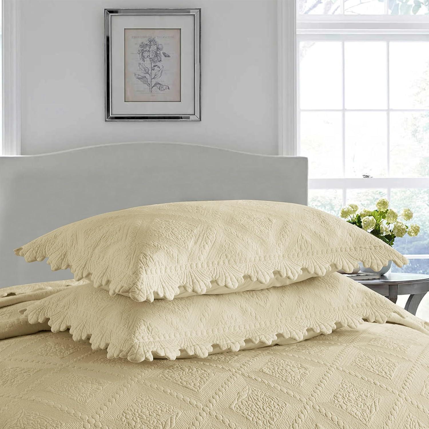 Beige Khaki Cotton Queen Bedspread Set with Embroidery