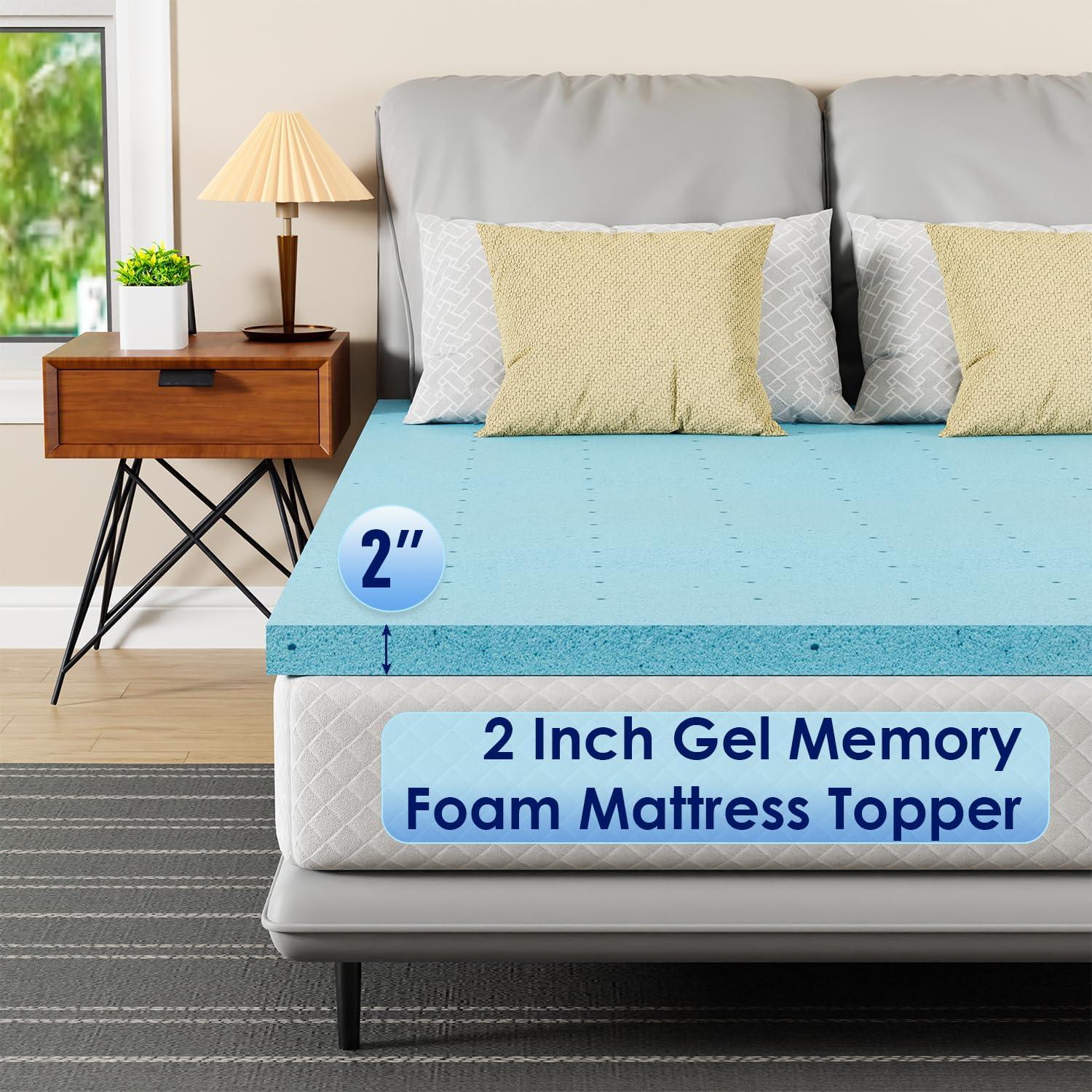 FDW 2 Inch Gel Memory Foam Mattress Topper/CertiPUR-US Certified/Gel Infused Mattress Topper/Easy to Clean