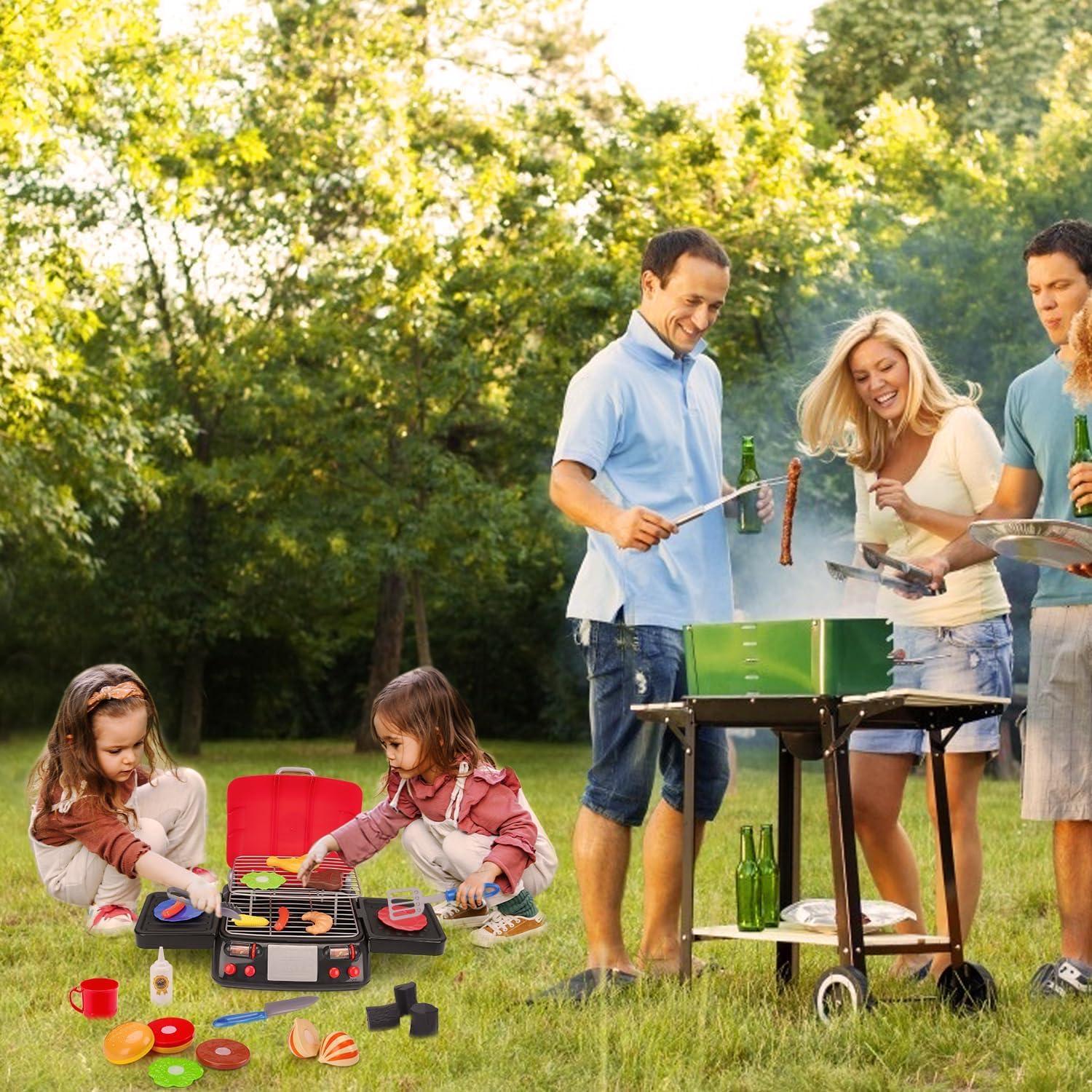 RUVINCE Kids BBQ Grill Playset - Kitchen Toy Grill Set with Smoke & Light