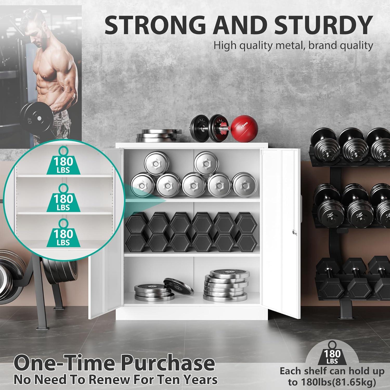 Metal Storage Cabinets with Shelves and Doors, Sideboard Buffet Cabinet for Kitchen, Entryway, Living Room, Home Office, Garage, Utility Room and Basement, 36.2" H x 31.5" W x 15.7" D (White)