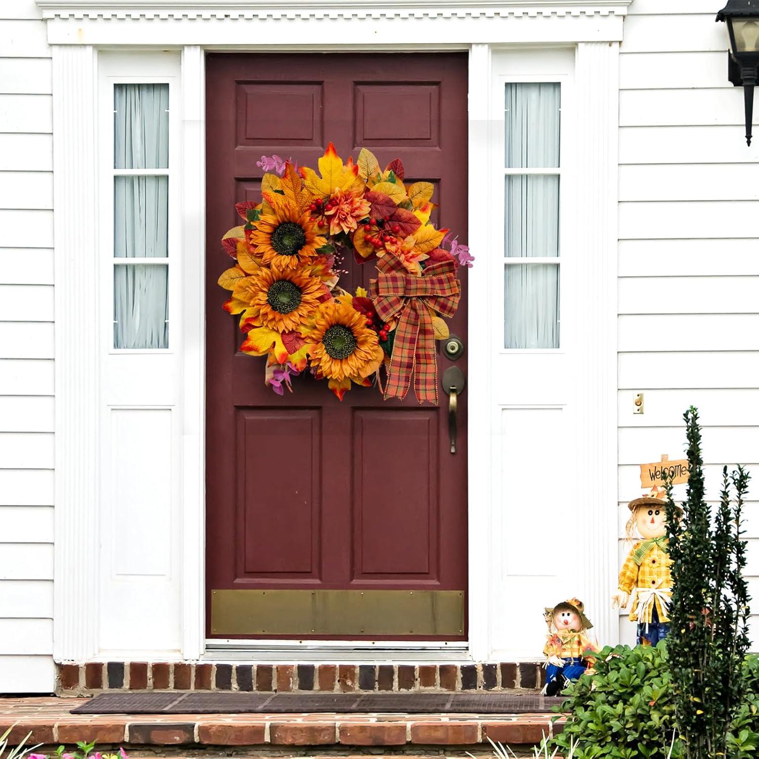 Thanksgiving Wreaths for Front Door,20 Inch Autumn Harvest Wreath with Pumpkin and Maple Leaf Decorations, Perfect for Home Outside Farmhouse Indoor Decor,Black&White Ribbon