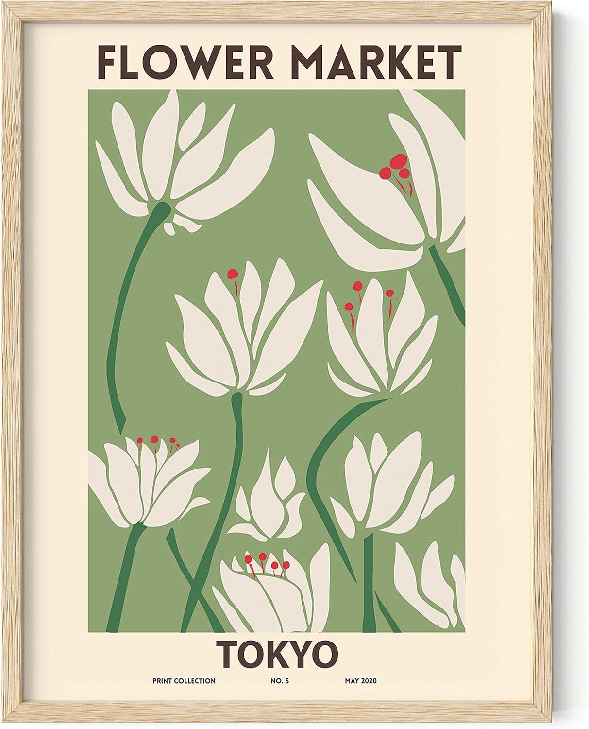 HAUS AND HUES Flower Market Poster – Vintage Botanical Wall Art, Sage Green Floral Prints, Aesthetic Flower Decor (Unframed, 12” x 16”)