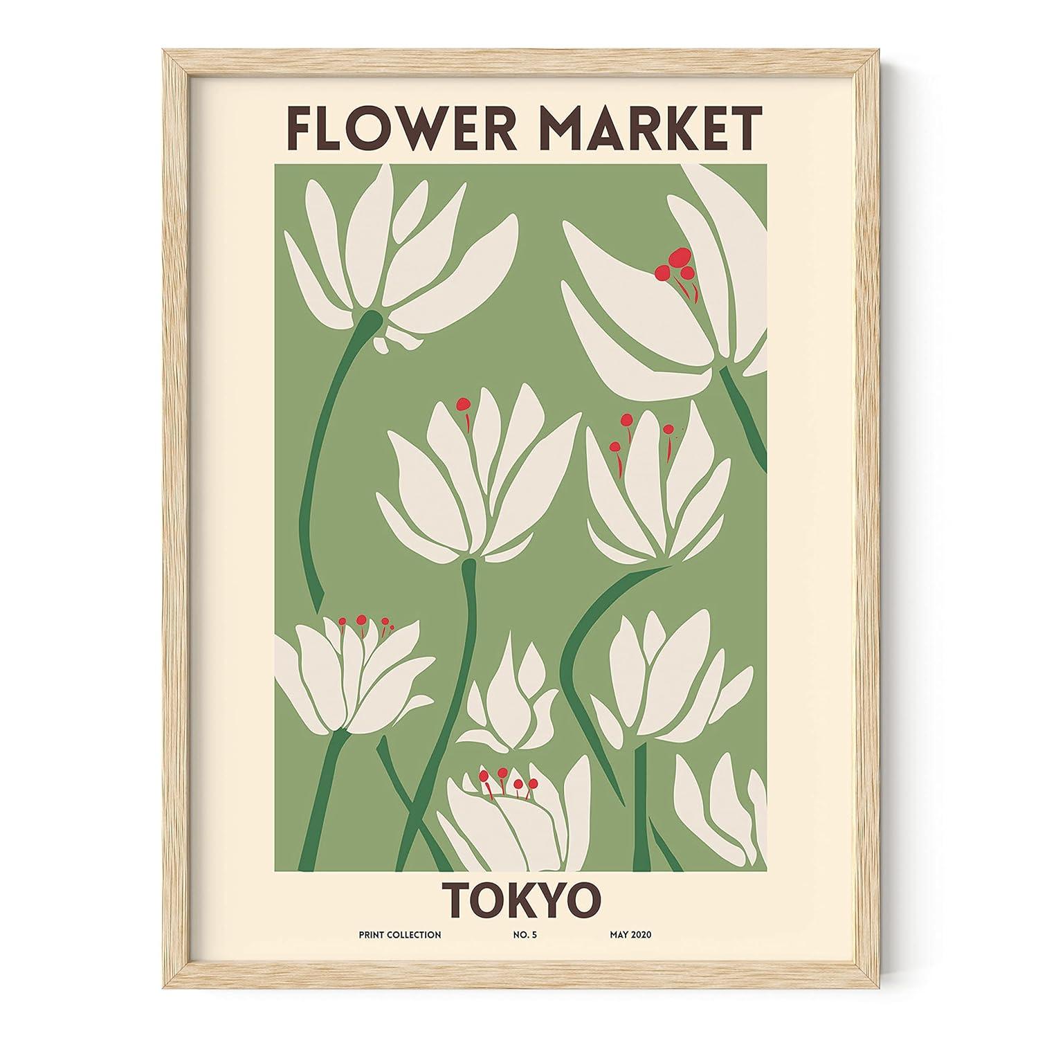 HAUS AND HUES Flower Market Poster – Vintage Botanical Wall Art, Sage Green Floral Prints, Aesthetic Flower Decor (Unframed, 12” x 16”)