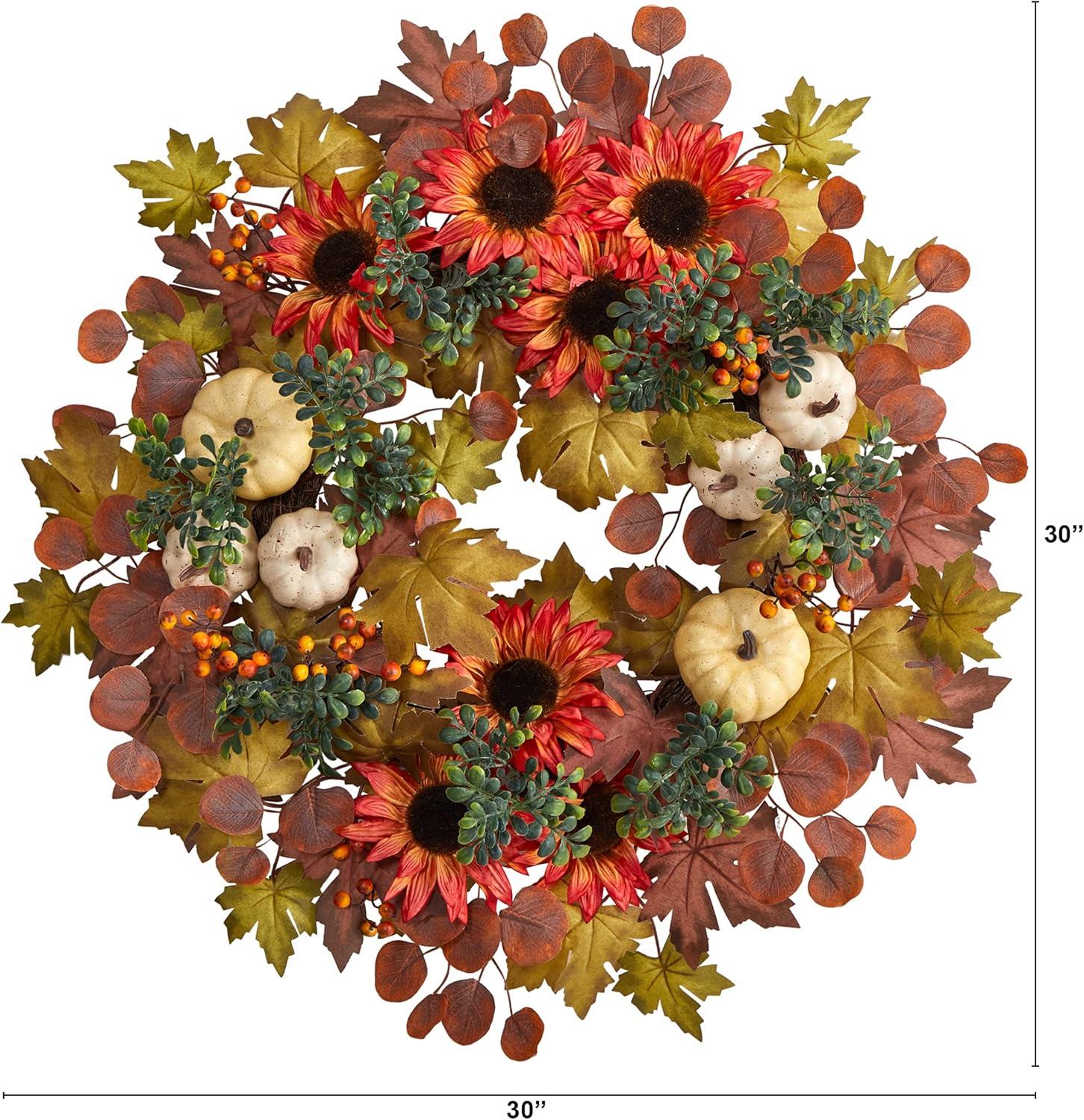 Nearly Natural 30” Fall Acorn, Sunflower, Berries and Autumn Foliage Artificial Wreath