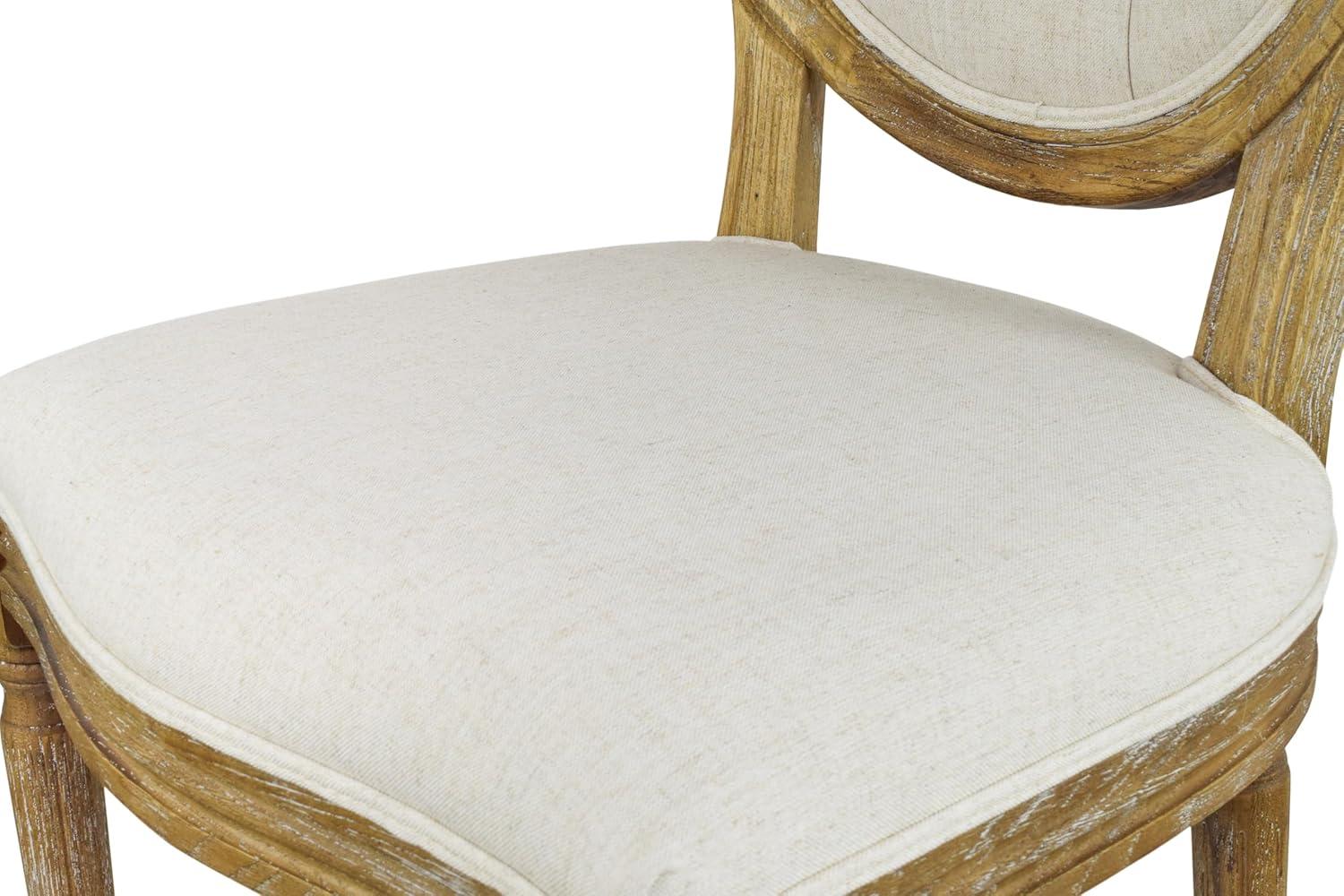 2xhome - French Chic Vintage Style Dining Side Chair With Upholstered Linen Welted Fabric And Elegant Natural Rustic Wood Frame - Tufted Button Oval Back