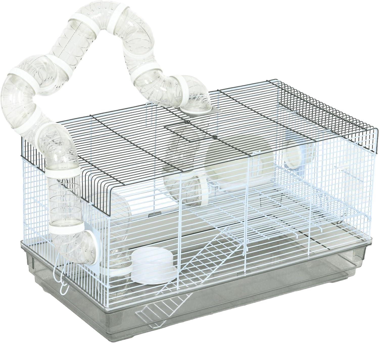 PawHut 2 Levels Hamster Cage for Gerbil or Dwarf Hamster with Tube Tunnels, Exercise Wheel, Food Dish, Water Bottle, Ramp, 23" x 13" x 12", Gray
