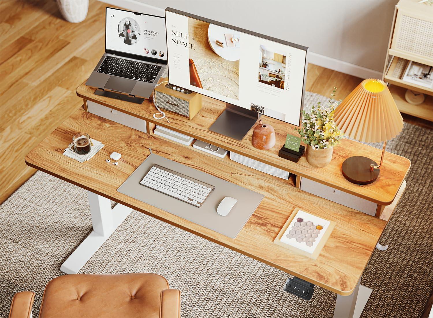 Rustic Brown Adjustable Height Standing Desk with Drawer