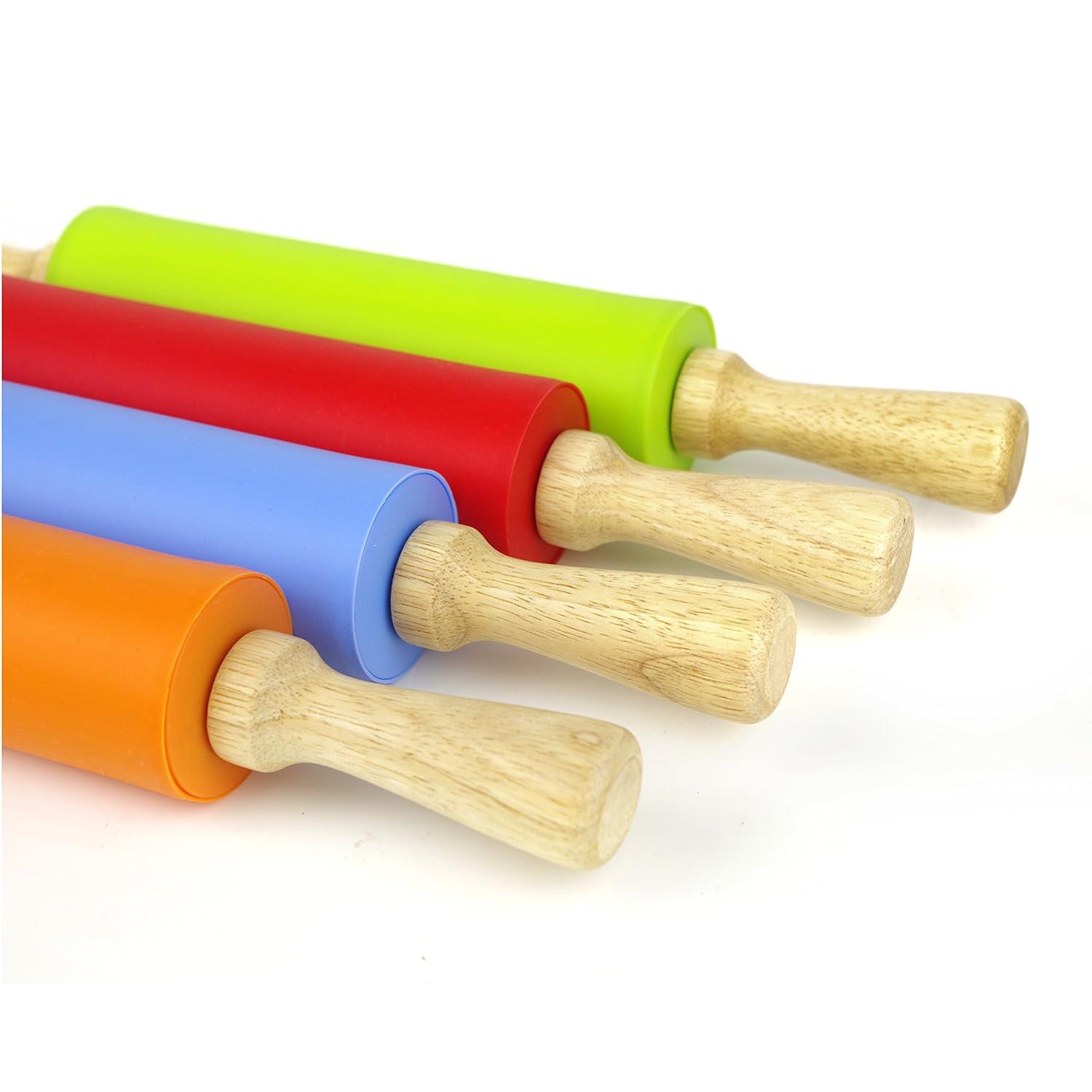 Compact Orange Silicone Rolling Pin with Wooden Handles