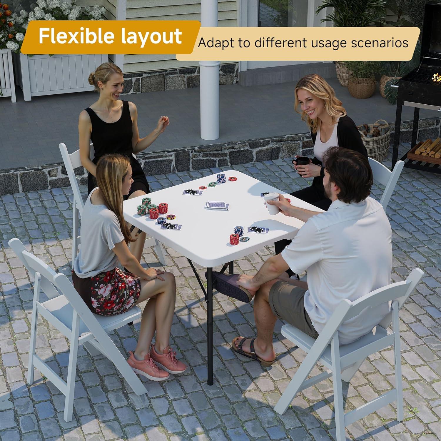 4 ft Portable Folding Table, Idustrial Heavy-Duty Foldable Table, HDPE Plastic Table, with Carrying Handle, Locks, Stright Legs for Indoor & Outdoor Party, Barbeque, Camping, Board Games - White