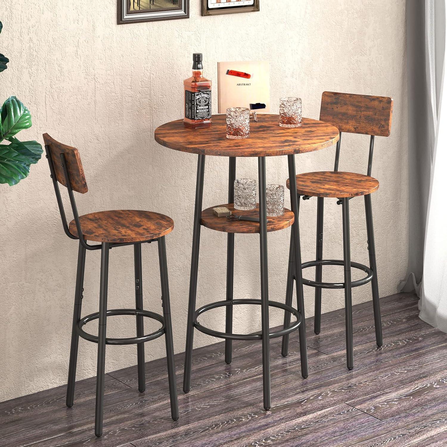 Rustic Brown and Black Metal 3-Piece Pub Table Set with Storage Shelf