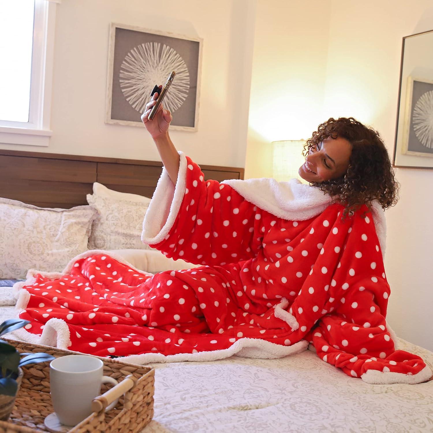 Red Polka Dot Sherpa Fleece Wearable Blanket with Sleeves