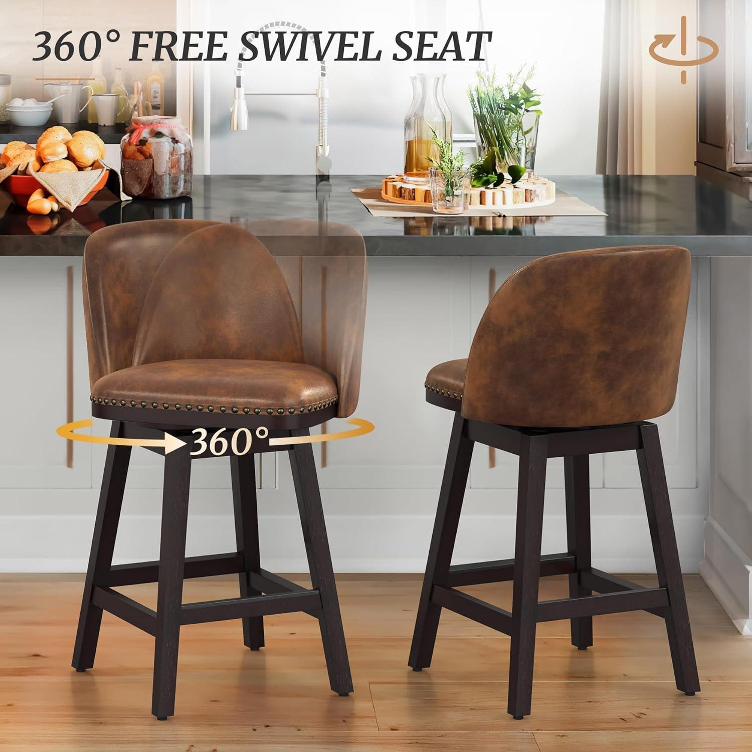 LUE BONA 26'' Swivel Bar Stools Set of 2, Counter Stools with Back & Footrest for Kitchen,Brown