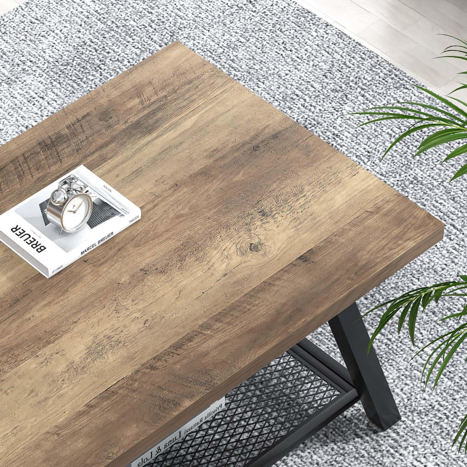 FOLUBAN Coffee Table, Modern Rustic Wood and Metal Center Table with Storage, Industrial Cocktail Tea Table for Living Room, Oak, 47 Inch
