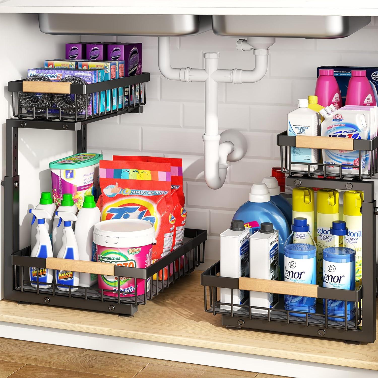 Under Sink Organizers and Storage, 2 Pack Pull Out Kitchen Bathroom Cabinet Organizer, 2 Tier Black Under Sink Storage for Bathroom Kitchen, Under Counter Storage Organizer with 8 Hooks