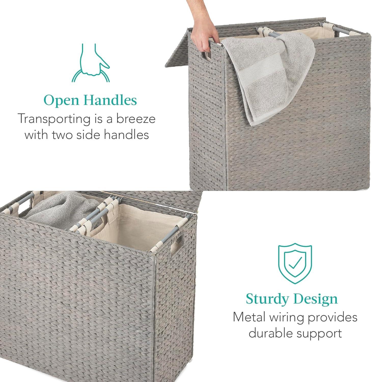Best Choice Products Large Natural Water Hyacinth Double Laundry Hamper Basket w/ 2 Liner Bags, Handles - Gray