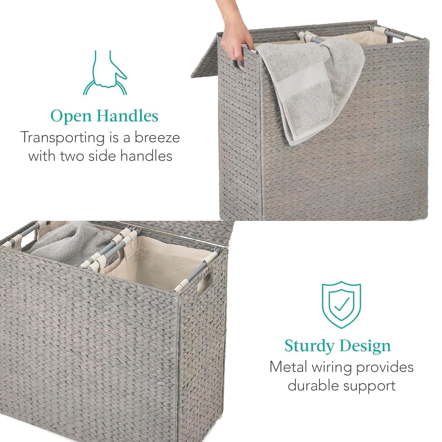 Bayou Breeze Large Water Hyacinth Double Laundry Hamper Basket w/ 2 Liner Bags, Handles