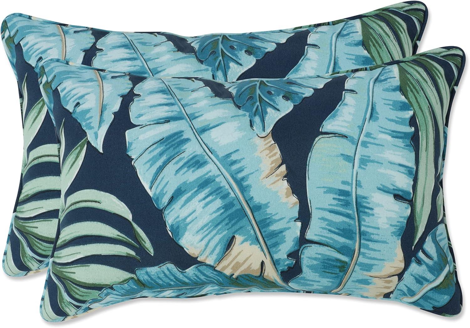 Set of 2 Outdoor/Indoor Rectangular Throw Pillows Tortola Midnight Blue - Pillow Perfect: Weather-Resistant, Botanical Lumbar Support