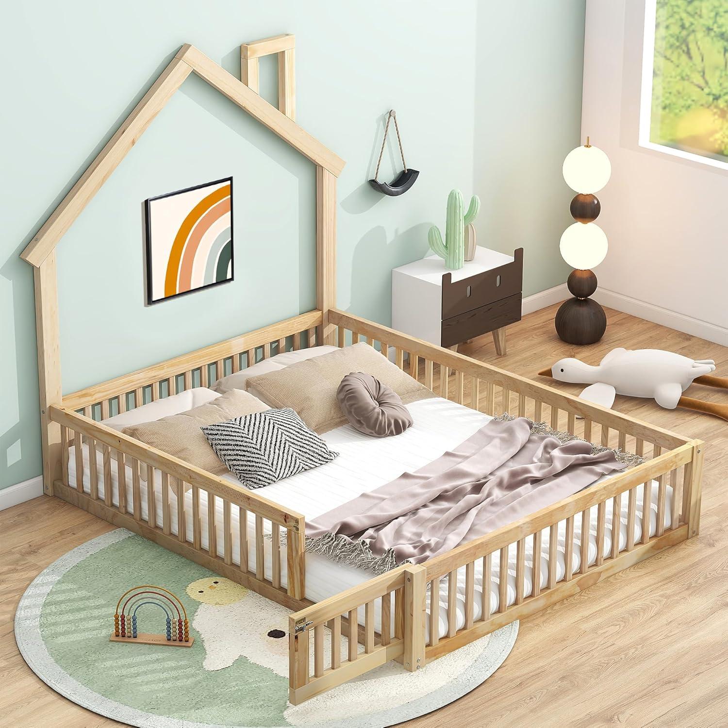 Natural Pine Full House-Shaped Montessori Bed with Guardrails