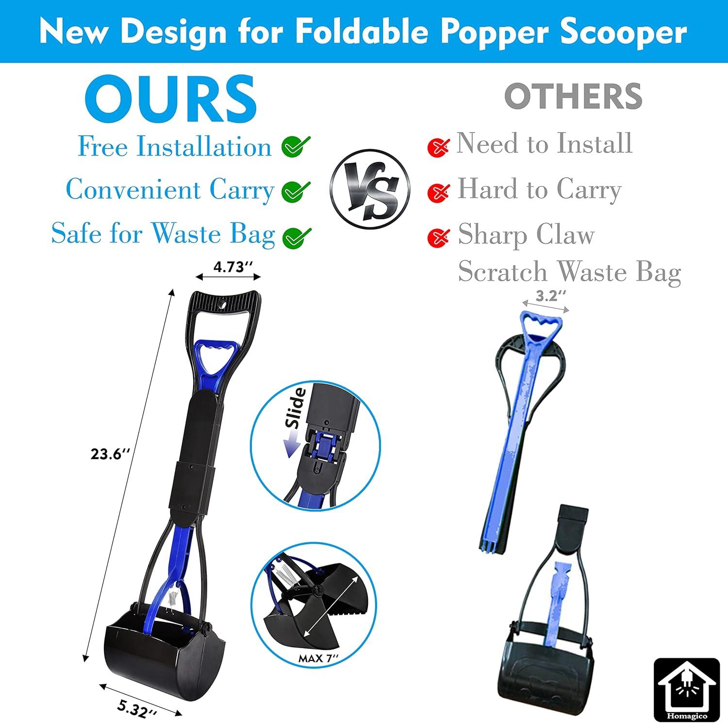 Pooper Scooper for Large Dogs，Portable Dog Pooper Scooper with Long Handle,Foldable Pet Pooper Scooper with Waste Bag,Easy to Use Perfect for Grass,Dirt,Gravel（Blue）