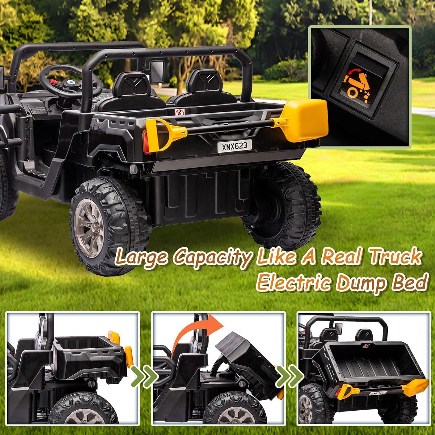 Funride 4WD 24 Volt Ride on Toys with Remote Control, 2 Seater Power Car Wheels UTV Toys, Ride on Truck Car w/ Electric Dump Bed, Shovel, Bluetooth Music